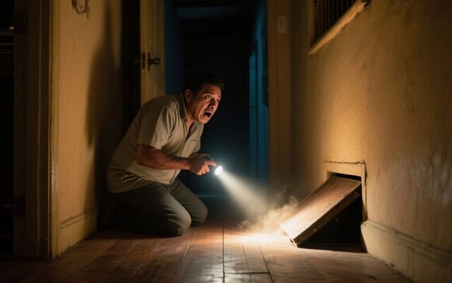 Hombre arrodillado levantando una baldosa del piso de su sala y descubriendo un pasadizo secreto oscuro debajo