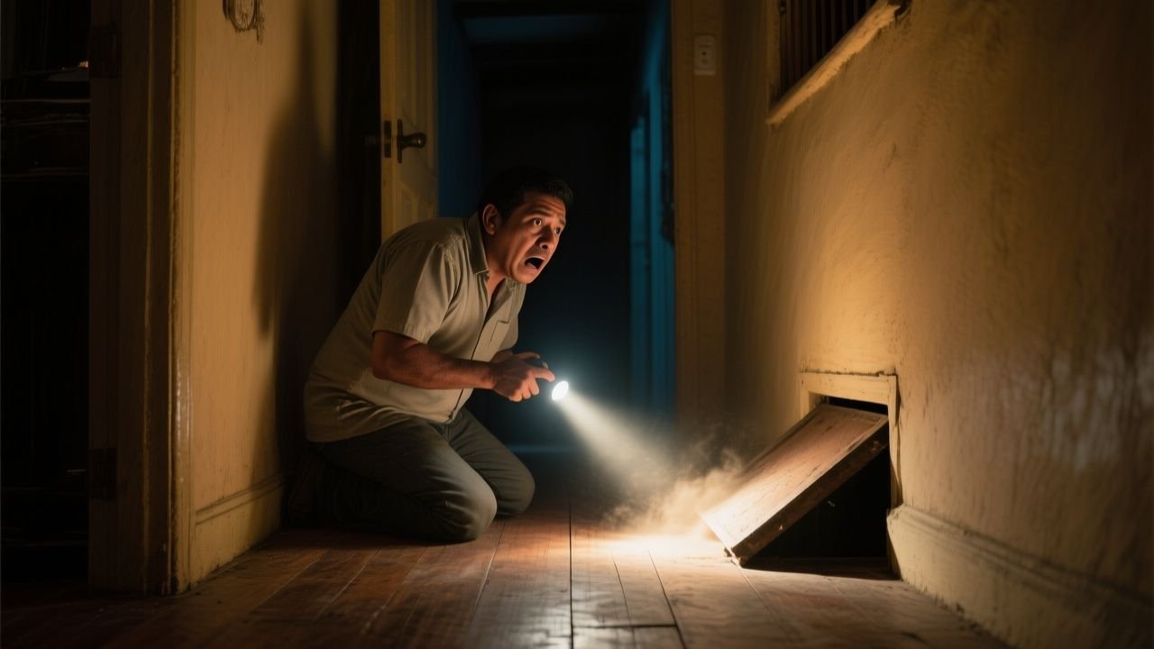 Hombre arrodillado levantando una baldosa del piso de su sala y descubriendo un pasadizo secreto oscuro debajo