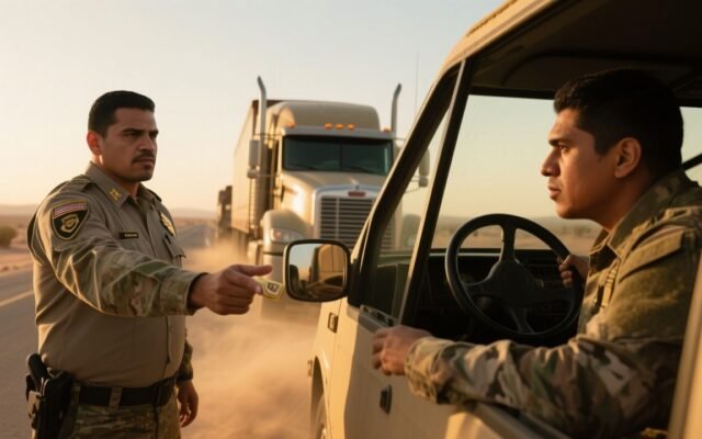 Sargento militar frente a oficial corrupto que extiende la mano pidiendo soborno en un retén de carretera desértica