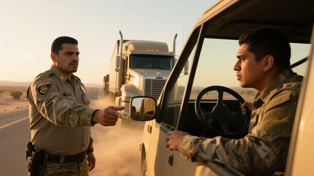 Sargento militar frente a oficial corrupto que extiende la mano pidiendo soborno en un retén de carretera desértica
